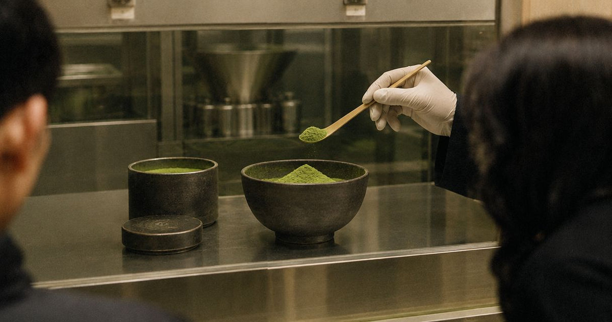 Dry handling of matcha powder: avoiding damp scoops and steam