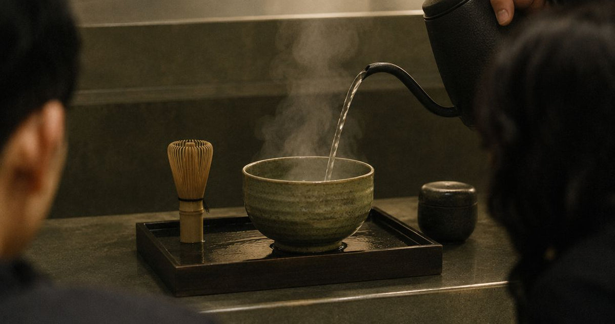 Prewarming a matcha bowl before whisking