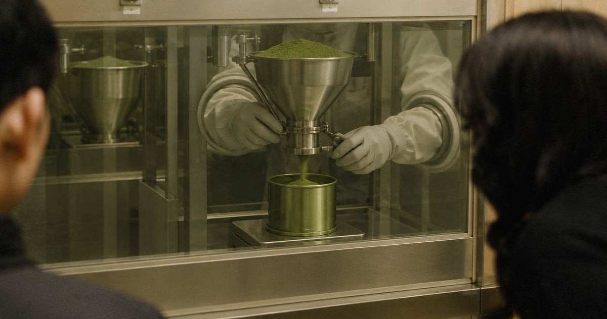 Transferring matcha powder into a container without exposure