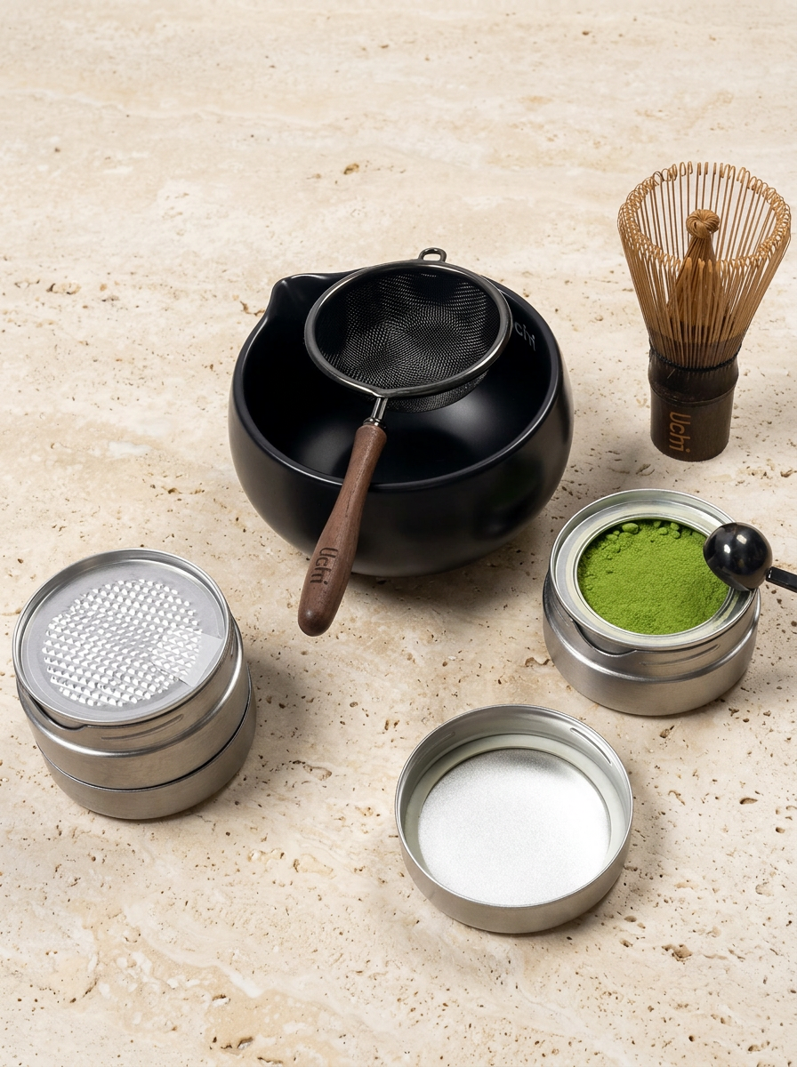 Uchi Complete set with matcha canister, 40 grams matcha from Uji, Japan, Whisk, Bowl, Sieve and Spoon