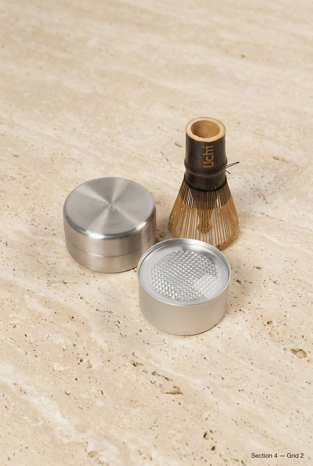 Uchi Pod, 40g ceremonial matcha refill from Uji, Japan. Matcha canister, with refill. Design object. Dark bamboo pretty matcha whisk.