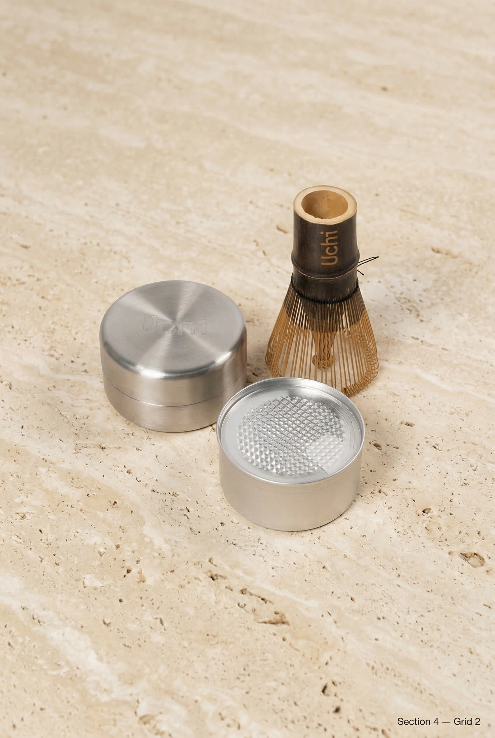 Uchi Pod, 40g ceremonial matcha refill from Uji, Japan. Matcha canister, with refill. Design object. Dark bamboo pretty matcha whisk.