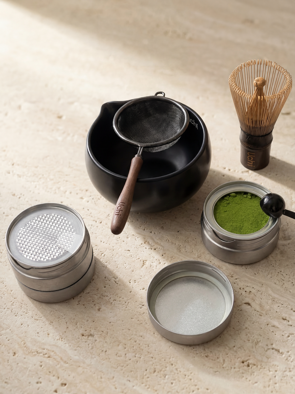 matcha making starter set. Complete matcha set by Uchi. Uchi Pod close-up showing matcha inside. Matcha refill pod containing 40g of ceremonial grade matcha.