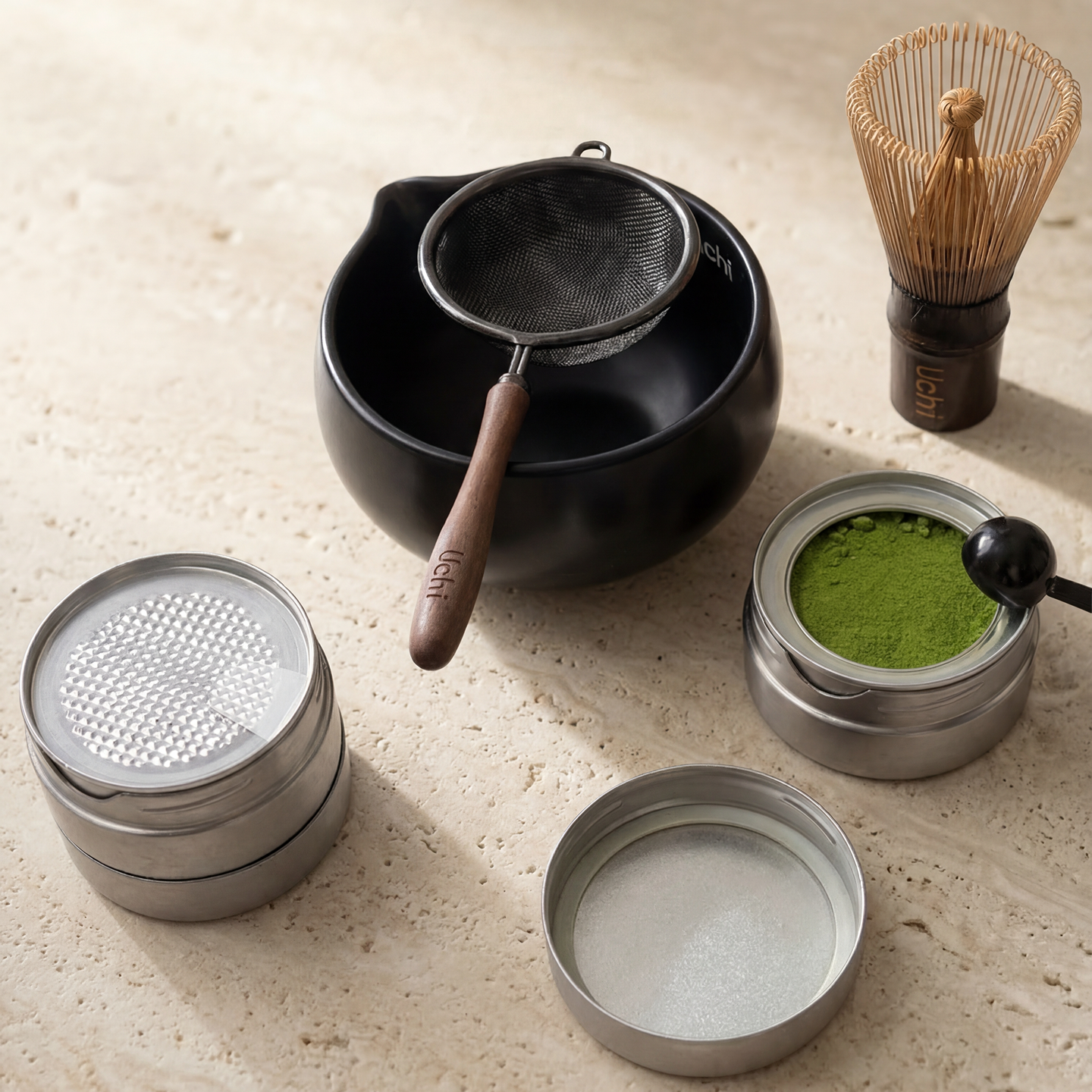 matcha making starter set. Complete matcha set by Uchi. Uchi Pod close-up showing matcha inside. Matcha refill pod containing 40g of ceremonial grade matcha.
