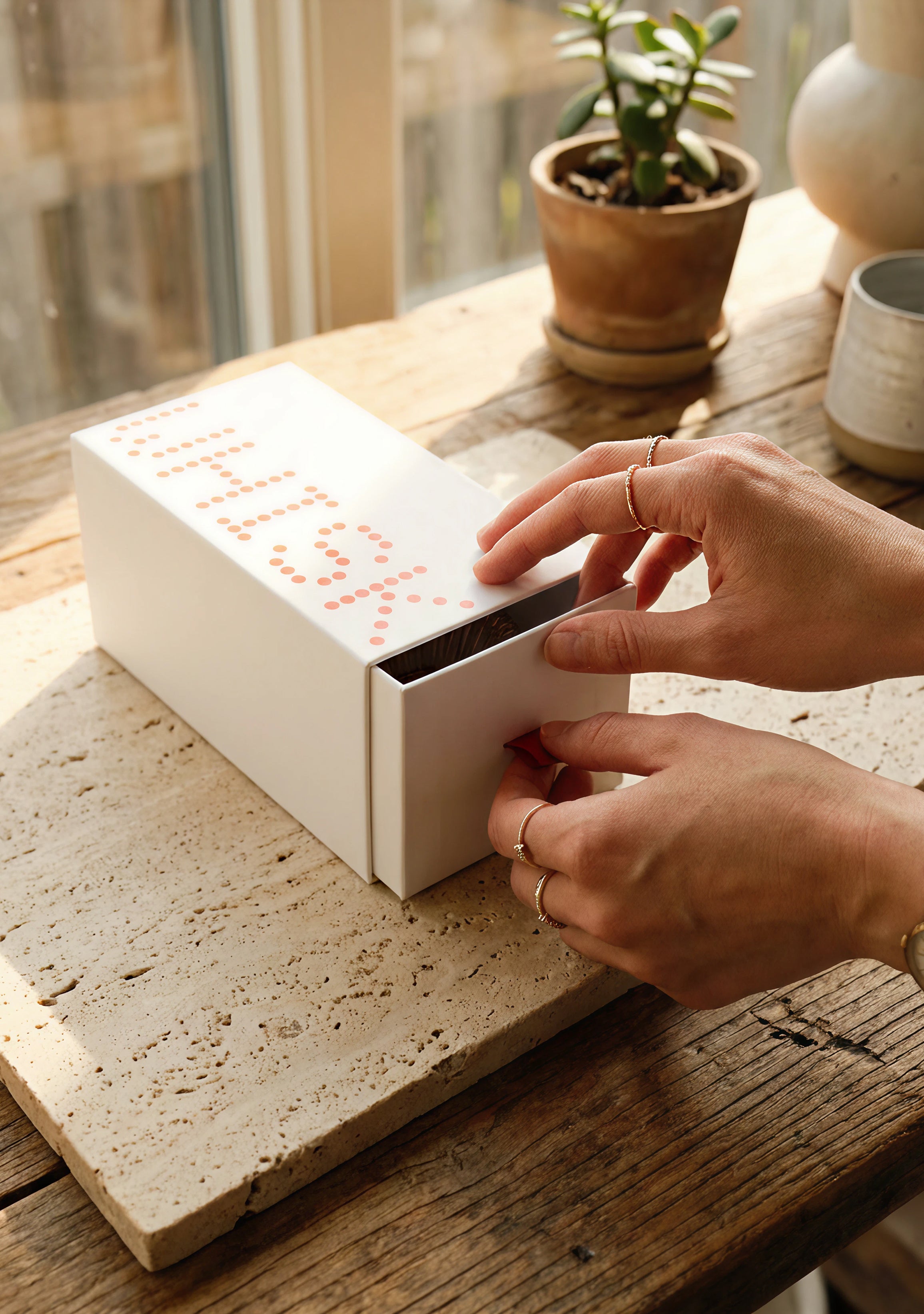 Uchi Whisk, handcrafted dark bamboo chasen, in packaging. Hands opening the box